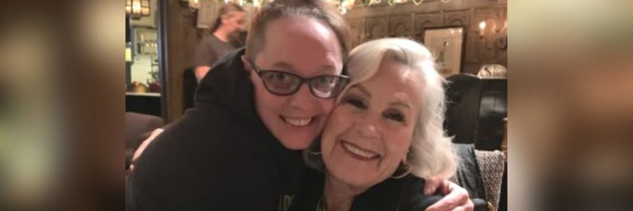 When Teachers Become Parental Figures for Those With Childhood Trauma Writer Monika Sudakov hugging her teacher, an older woman with white hair smiling