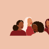 Illustration of a diverse group of women leaning on each other for support