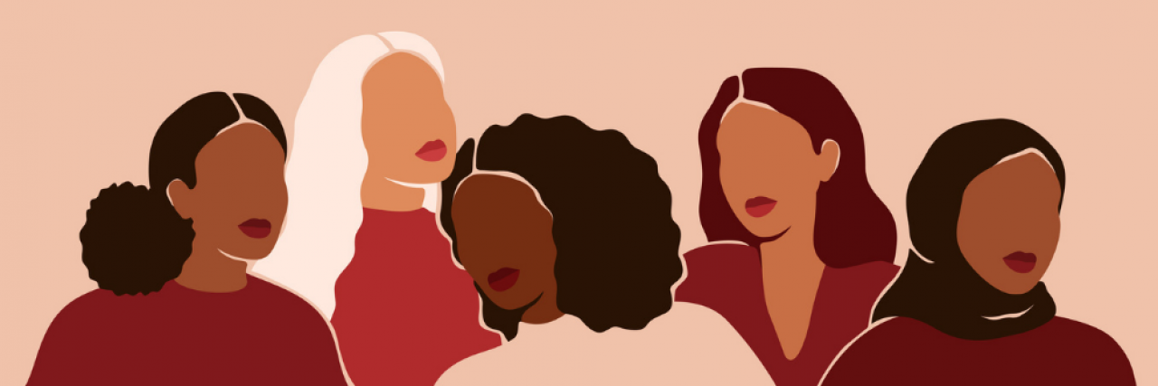 #MeToo's Tarana Burke Creates a Platform for Sexual Trauma Survivors Illustration of a diverse group of women leaning on each other for support