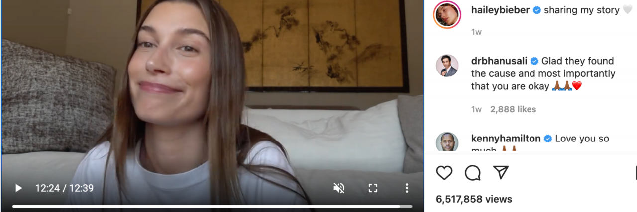 Why Hailey Bieber's Health Scare Is Relatable For All of Us A screenshot of Hailey Bieber's Instagram video detailing her health journey.