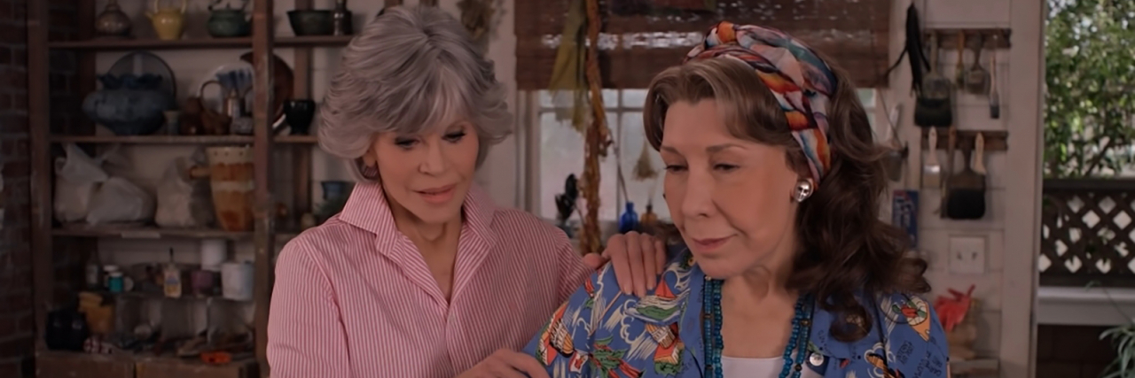 'Grace and Frankie' Tackles Trauma and Mental Health in Final Season Grace comforts Frankie is a scene from season 7.