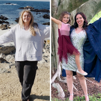 photo of Lauren Clements and Vanna Winters, holding their hands up in celebration after ketamine infusion therapy for depression and trauma helped two years later