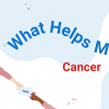 "What Helps Me With Cancer" in blue and red writing on a blue and white background.