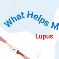 "What helps me with lupus" in red on a blue and white background.