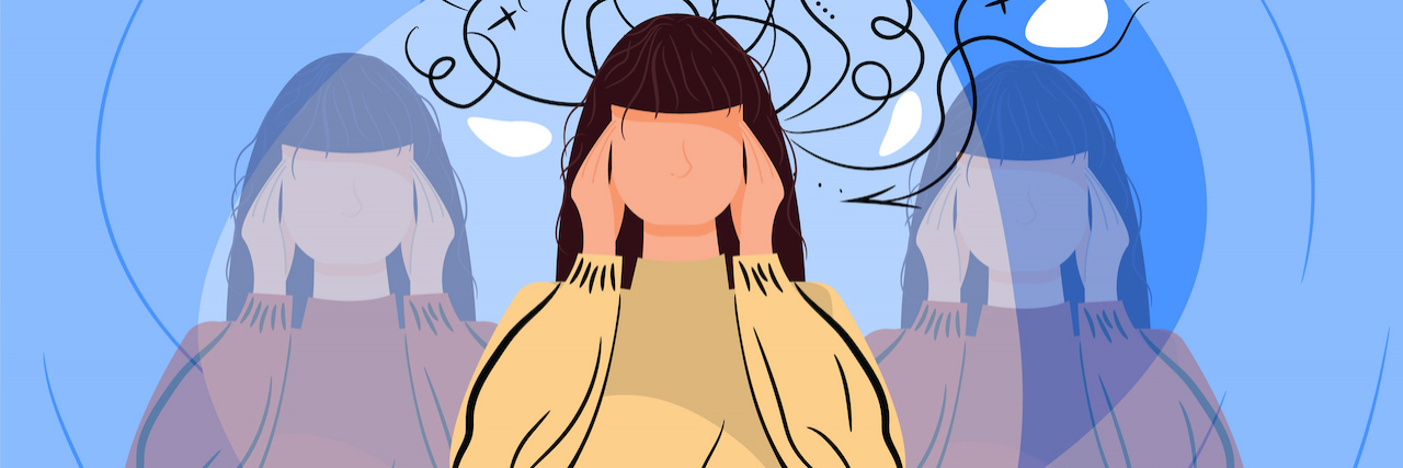 When I'm Wondering If I Should Tell My Therapist I Hear Voices A woman who hears voices, there are lines over her head and she's covering her ears