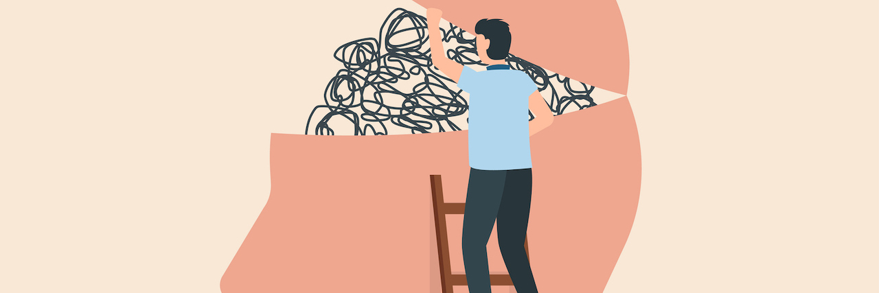 What Your ‘Go-To’ Defense Mechanism Says About You Humans head silhouette with messy lines.A man on a latter tries to contain the lines coming out of the head.