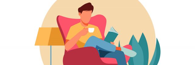 Illustration of man sitting at home reading a book and holding a coffee mug