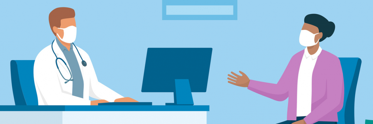 Chronic Pain and Mental Health: What Medical School Needs to Teach illustration of a doctor and patient meeting in an office