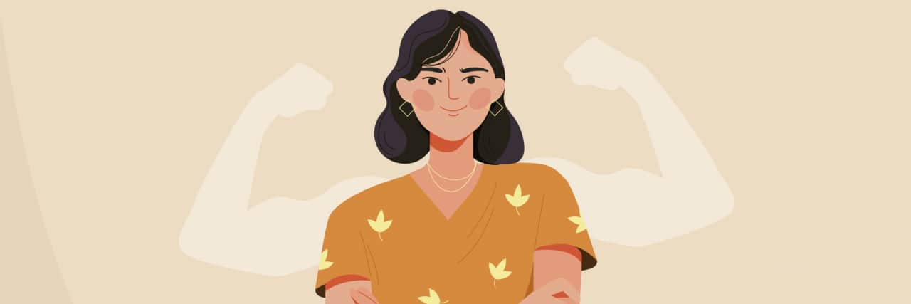 How Using the Label 'Borderline' Actually Empowers Me Cartoon of a confident woman with arms folded; strong biceps and a cape in the background