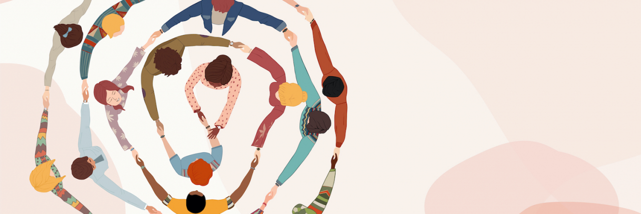 Top view of diverse group of people in a circle holding hands (illustration)