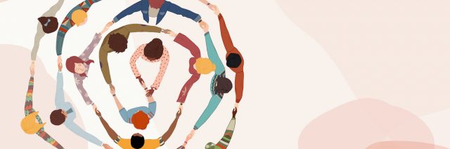 Top view of diverse group of people in a circle holding hands (illustration)