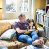 Father reading book to daughter (4-5) sitting on sofa in living room.