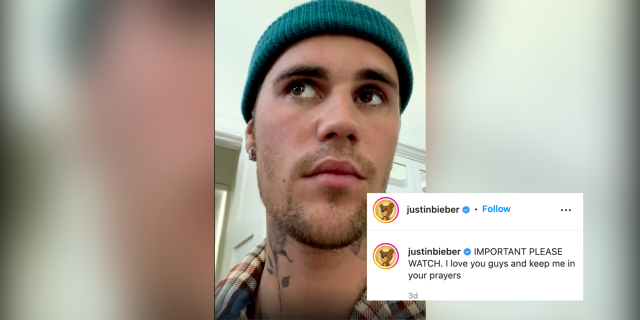 A screenshot of Justin Bieber's Instagram where he's talking about having Ramsay Hunt Syndrome. He has a hat on with a plaid shirt. They don't match. His caption reads "Important, please watch. I love you guys please keep me in your prayers."