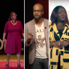 Five Black TEDx Speakers lined up in a row wearing formal wear with mostly black backgrounds