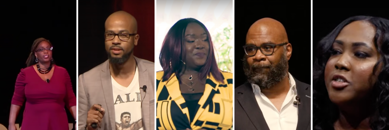 5 Black Mental Health TEDx Talks to Watch Five Black TEDx Speakers lined up in a row wearing formal wear with mostly black backgrounds