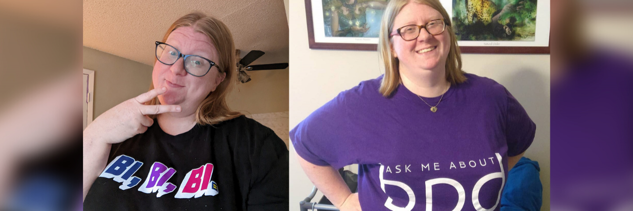 Two photos of the author. On the left, she wears a black shirt that says "Bi Bi Bi" in blue, purple and pink. On the right, she has a purple shirt that says BPD