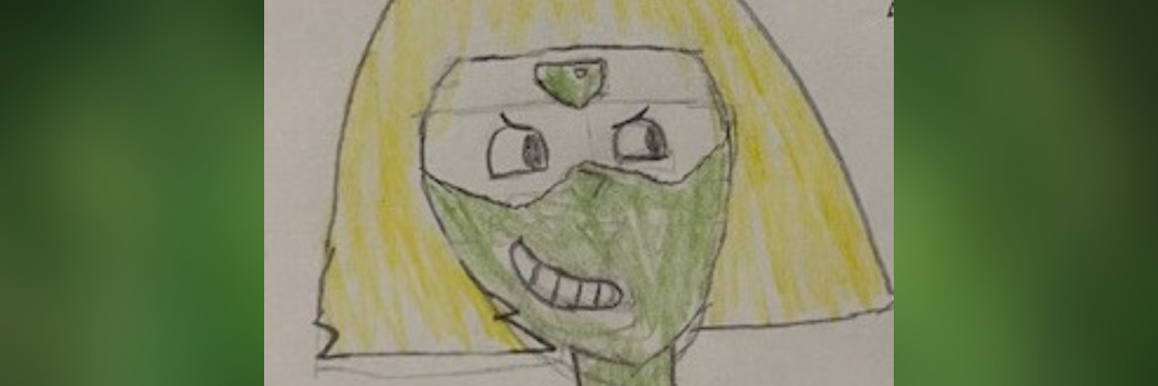 A drawing of Peridot, a Gem (alien) from Steven Universe. She poses with her hands on her hips and a large smirk on her face. Peridot is light green with large yellow triangular hair with some hair scruffs. She wears white visors with a peridot (her namesake) centered on her forehead. Her V-neck suit is medium green with dark green outlines and a yellow diamond insignia.