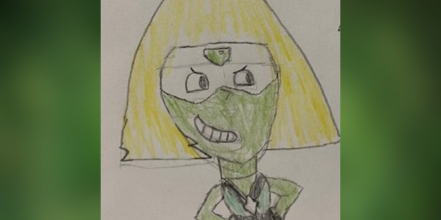 A drawing of Peridot, a Gem (alien) from Steven Universe. She poses with her hands on her hips and a large smirk on her face. Peridot is light green with large yellow triangular hair with some hair scruffs. She wears white visors with a peridot (her namesake) centered on her forehead. Her V-neck suit is medium green with dark green outlines and a yellow diamond insignia.