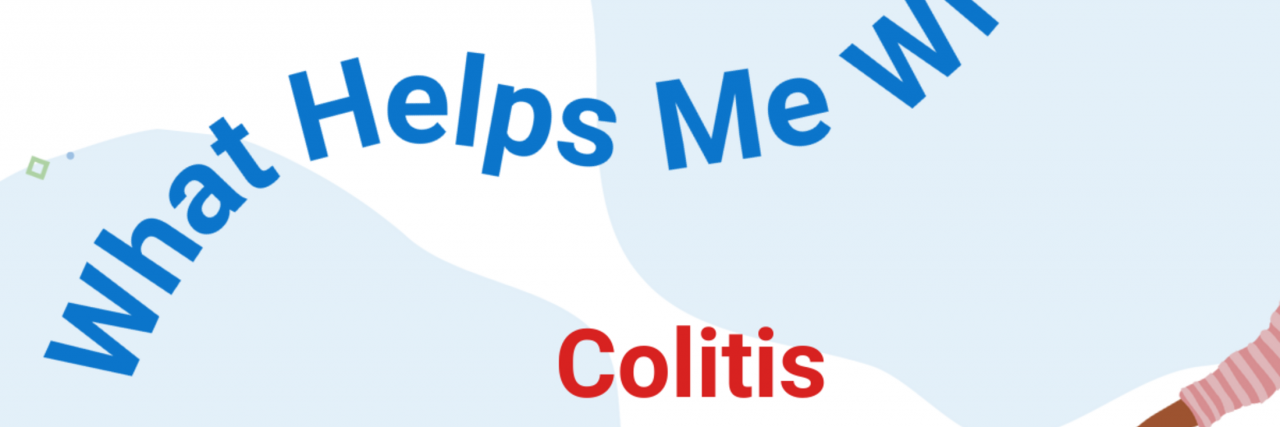 What Helps a Woman in Her Sixties With Colitis "What Helps Me With Colitis" in red and blue on a blue and white background.
