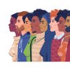 Diverse, multiracial group of men and women in a line, standing shoulder to shoulder, side profile