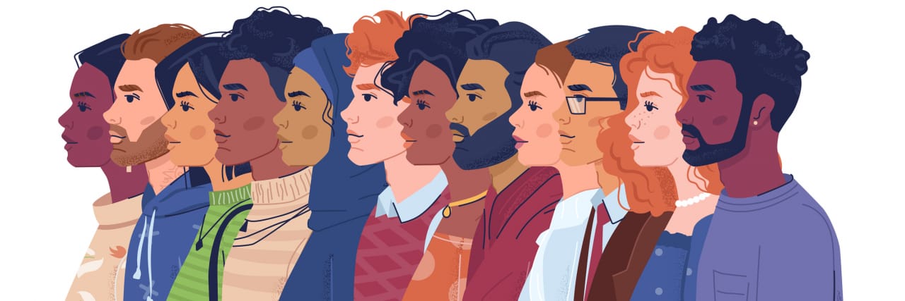 How 14 People Wish Their Identities Were Represented in Health Care Diverse, multiracial group of men and women in a line, standing shoulder to shoulder, side profile