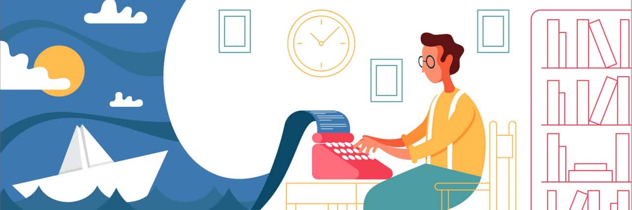 How I'm Getting Through My Writer's Residency With Disabilities Drawing of man at typewriter