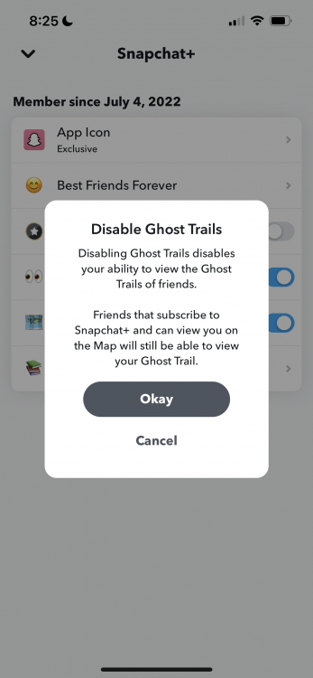  A caption pops up that says "disable ghost trails, disabling ghost trails disables your ability to view the Ghost Trails of friends. Friends that subscribe to snapchat+ who can view you on the map will still be able to view your ghost trail.'