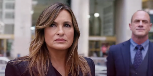 Mariska Hargitay in foreground with Chris Meloni in background from "Law & Order: SVU"