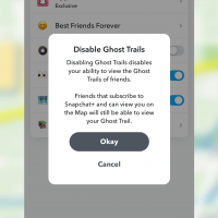 A screenshot of Snapchat with a map in the background. A caption pops up that says "disable ghost trails, disabling ghost trails disables your ability to view the Ghost Trails of friends. Friends that subscribe to snapchat+ who can view you on the map will still be able to view your ghost trail.'