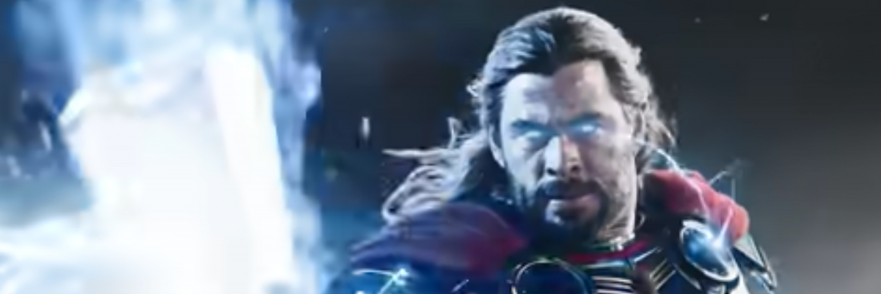 Thor holding his hammer with giant bolts of lightning coming from it. I'm a Thor fangirl, so I feel the need to say he's so dang attractive.