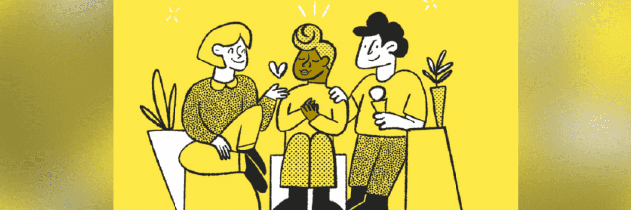 Illustration of three people supporting each other on yellow background