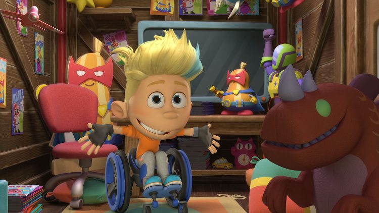 Ari sitting in his wheelchair in the animated show "Team Zenko Go" 