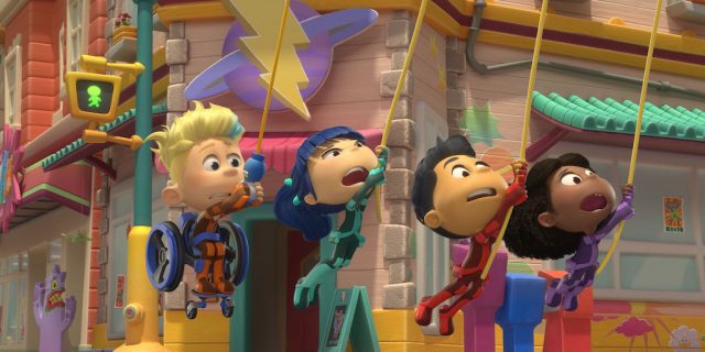 Meet Hartley Bernier, Star of Inclusive Netflix Show 'Team Zenko Go’ Team Zenko Go characters, including Ari, who is sitting in his wheelchair and swinging on a rope through town