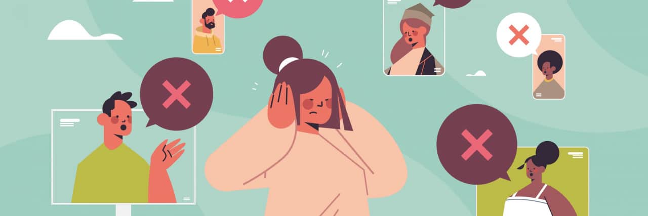 Please Stop Equating My Potential Worth to a Celebrity's Perceived Success With ADHD woman closing ears suffering from noise keep quiet silent concept chat bubble with cross sign quiet zone