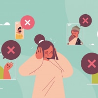 woman closing ears suffering from noise keep quiet silent concept chat bubble with cross sign quiet zone