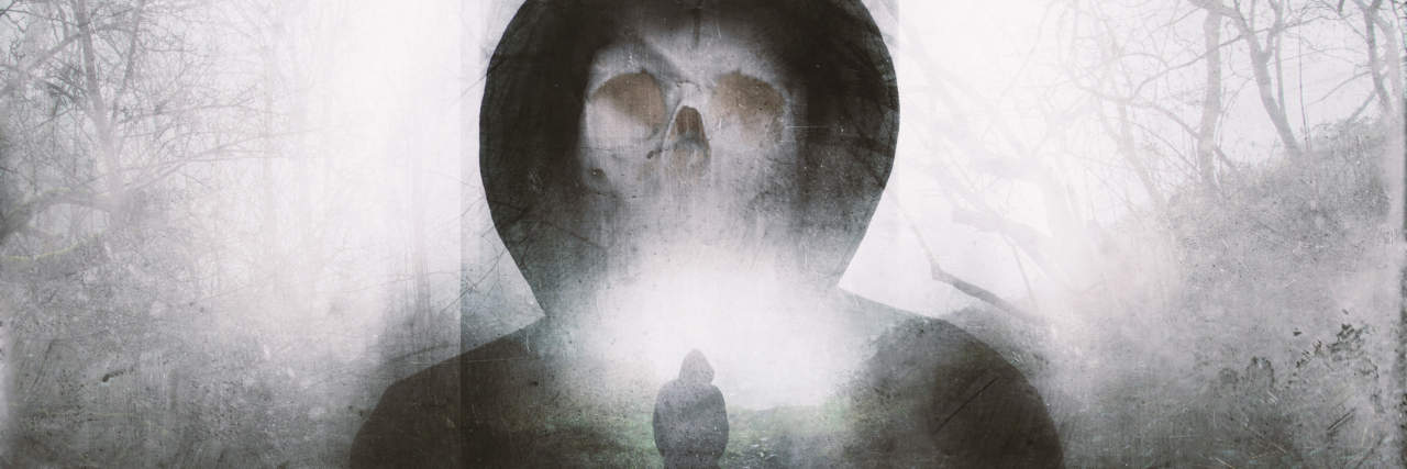 How Feeling Like Time Is Slipping Away Affects My Depression and Fear of Death double exposure of a man facing away and a hooded figure in a school mask looming over him
