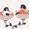 Empathy and friendship concept. Girl extends a helping and supportive hand to her friend. Black woman cares timid and indecisive female adolescent with psychological problems. Vector illustration