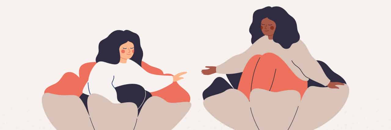 How to Protect Your Mental Health While Supporting Suicidal Friends Empathy and friendship concept. Girl extends a helping and supportive hand to her friend. Black woman cares timid and indecisive female adolescent with psychological problems. Vector illustration