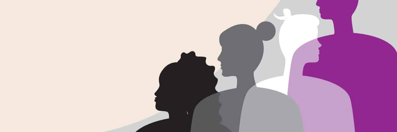 The Differences Between Asexuality and Sexual AversionDisorder Vector silhouettes of four people looking in different directions. They are in the asexual flag colors of black, gray, white, and purple,