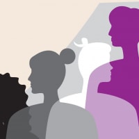 Four people in a clip art that are in the asexual flag colors, black, gray, white, and purple,