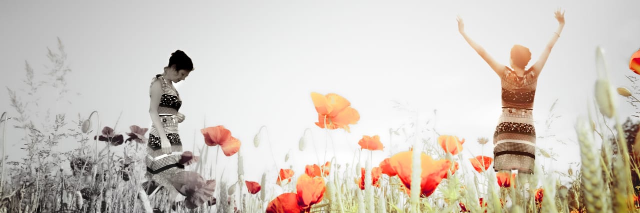 Left side of picture in black and white of a woman in a field looking down, right side is a colorized field of the woman with arms raised, happy