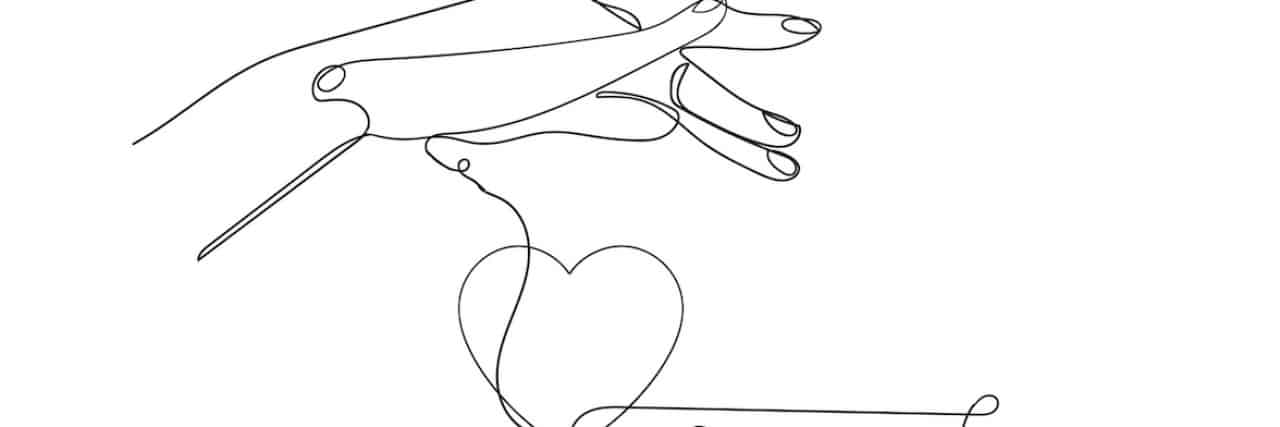continuous line drawing of hands connected by line to heart