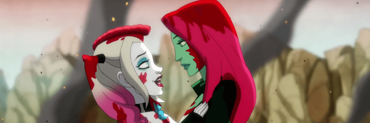 How 'Harley Quinn' Explores Healthy Love After Abusive Love Harley Quinn looking into Poison Ivy's eyes covered in blood with decayed forestation in the background