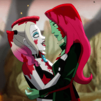 Harley Quinn looking into Poison Ivy's eyes covered in blood with decayed forestation in the background