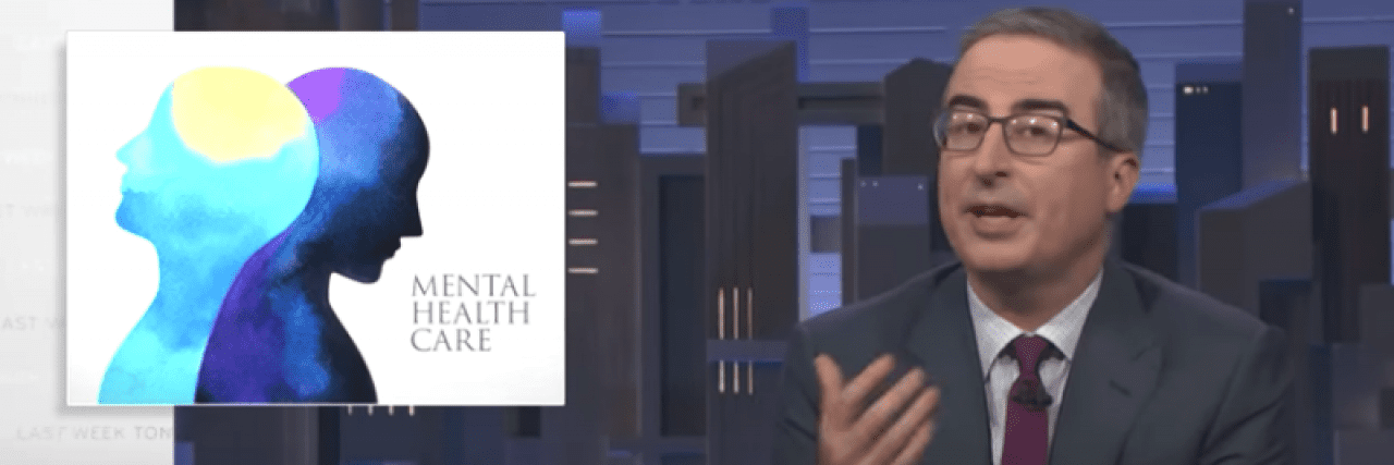 John Oliver Takes on Insurance Companies and the U.S. Mental Health Crisis Screenshot of John Oliver's show Last Week Tonight with with image and words "mental health care" on screen