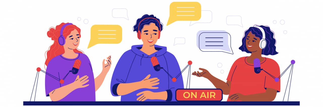 15 People Share Why They Talk About Their Illnesses on Social Media Cartoon picture of three people talking in a studio, with message icons floating around them