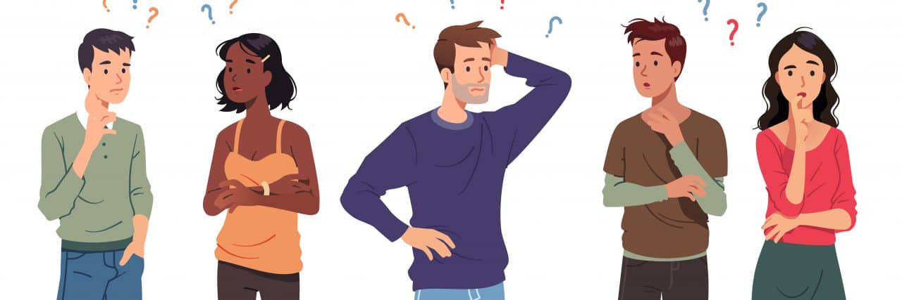 13 People Describe What Clothing Sensory Sensitivities Feel Like Questioning people men, women in doubt thinking with question marks over scratching head. Confused thoughtful persons, touching chin, pondering. Confusion, contemplation set flat vector illustration