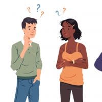 Questioning people men, women in doubt thinking with question marks over scratching head. Confused thoughtful persons, touching chin, pondering. Confusion, contemplation set flat vector illustration