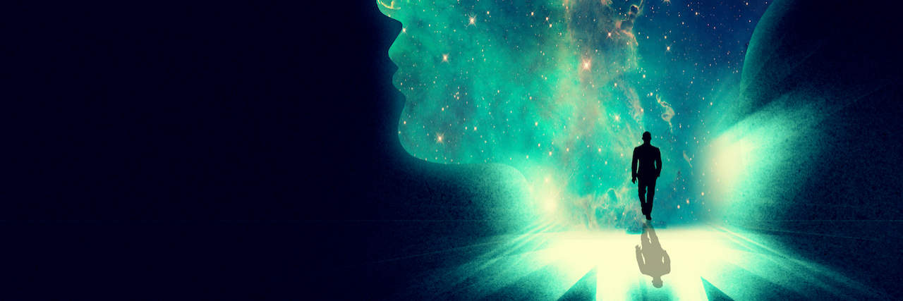 When You Have Vivid Dreams and Nightmares With Bipolar Disorder Illustration of a man walking towards a huge shape of a person's head overlaid with an image of the cosmos