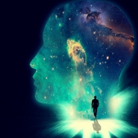 Illustration of a man walking towards a huge shape of a person's head overlaid with an image of the cosmos